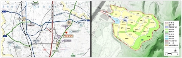 (좌) 성거오목마을 위치도,(우) 성거오목마을 토지계획도