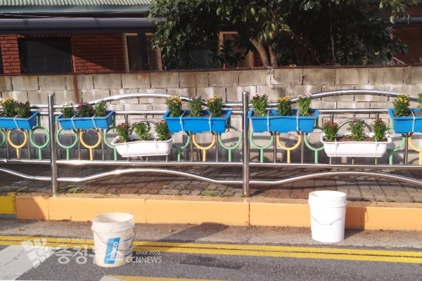 부춘초등학교 주변 안전펜스에 설치한 화분
