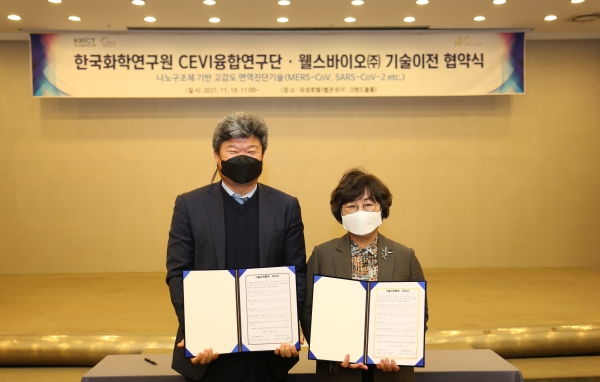 (좌) 웰스바이오(주) 박희덕 대표, (우) 한국화학연구원 이미혜 원장