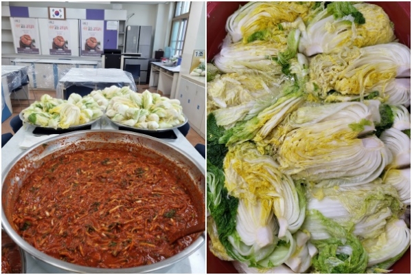 어진중 김장체험 행사에 쓰일 절인배추와 배추소 준비 모습