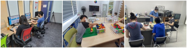 특수교육대상학생들이 (왼쪽부터) 컴퓨터, 레고, 제과제빵 프로그램에 참여하고 있다.