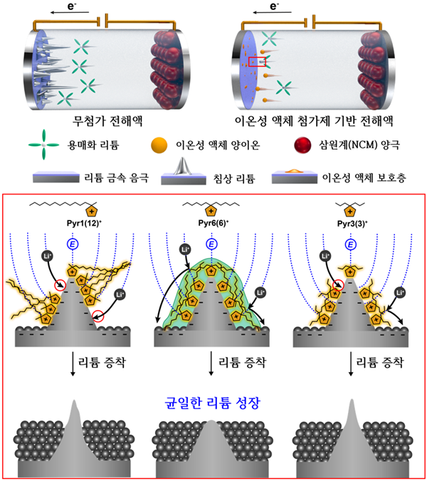 대칭성 이온성 액체에 의해 형성되는 최적의 반리튬성 보호층에 의한 균일한 리튬 증착