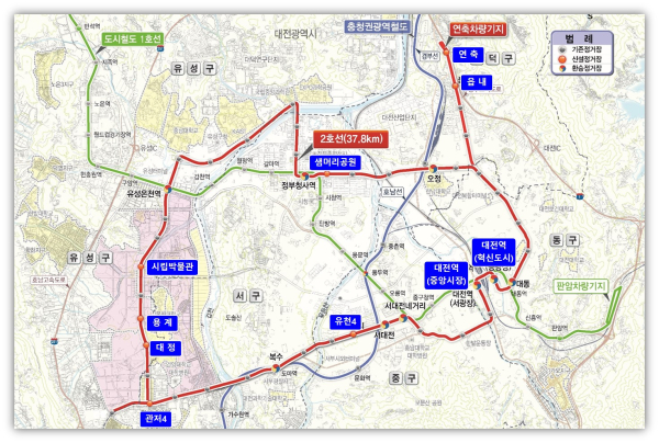 대전 도시철도 2호선 트램 노선도