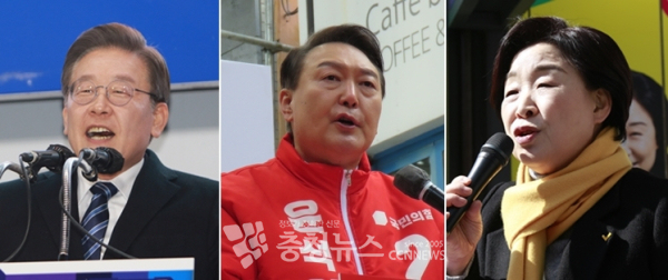 왼쪽부터 더불어민주당 이재명 후보, 국민의힘 윤석열 후보, 정의당 심상정 후보