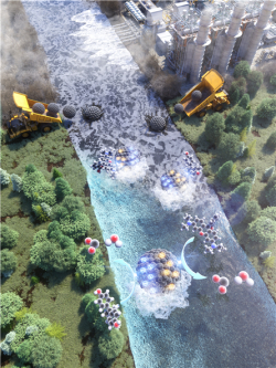 물의 흐름에 의해 오염된 물을 정화하는 압전촉매 기술의 개념도