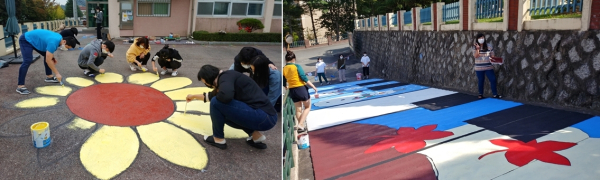 학생들이 등굣길 바닥을 화사한 그림으로 장식하는 ‘등굣길 조성 프로젝트’ 모습