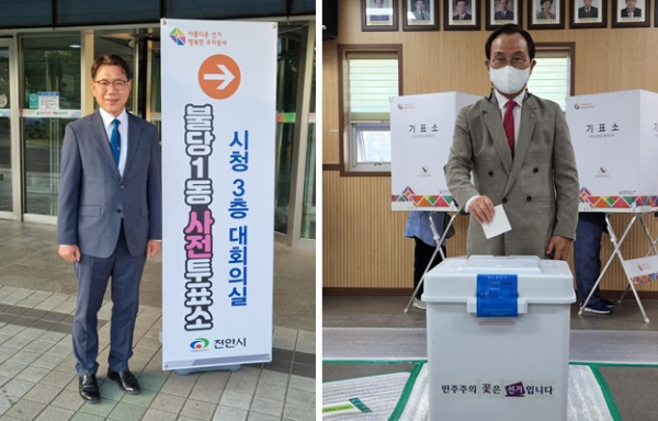 사전투표를 마친 이재관 후보(왼쪽)와 박상돈 후보(오른쪽)