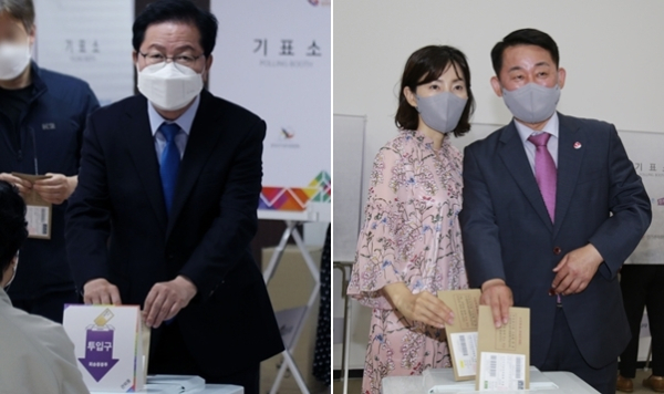 더불어민주당 장종태 서구청장 후보(왼쪽), 국민의힘 서철모 서구청장 후보와 배우자 최은희씨(오른쪽).