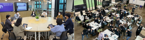 수업혁신을 위한 ‘씨줄날줄’ 전문적학습공동체(왼쪽)와 iPad 활용 블렌디드 연수에 참여한 교직원 모습