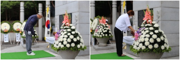 (좌)건설기념사업회 회원, (우)건설순직자 유가족 분향 모습