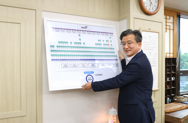 정용래 유성구청장이 집무실에 거꾸로 조직도를 걸고 있다