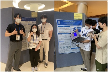(좌)기념촬영하고 있는 여준성팀, (우)연구논문을 설명하고 있는 김세호팀