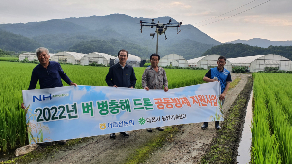 “서대전농협”벼작물 드론공동방제 실시 모습