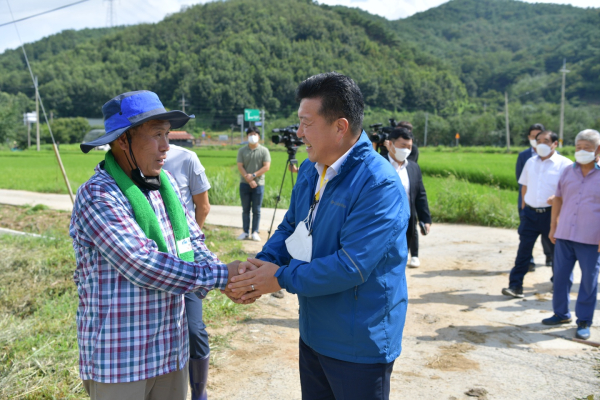 광시면 서초정리 주우선 씨 논(6700㎡)에서 첫 벼베기 실시