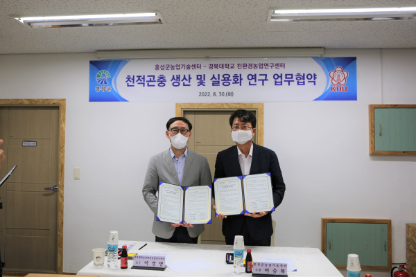 홍성군 – 경북대, 친환경 농업 실용화를 위한 천적곤충 생산 및 연구 업무협약식 체결 모습