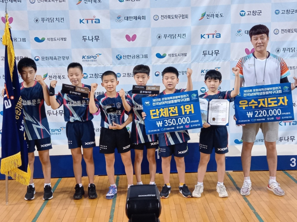 동문초 단체전 우승사진(왼쪽부터 이경훈, 박두준, 이승수, 최태민,서정우, 이주찬, 김용수코치)