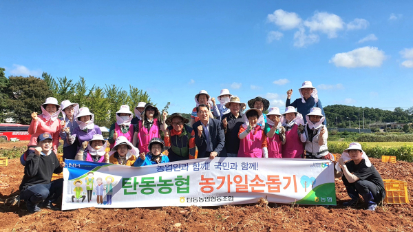 탄동농협, 석문농협과 수확철 농촌일손돕기 봉사 모습