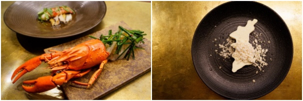 (좌)한국 백김치와 버섯을 활용한 가재 메인요리, (우)한국 유자 주스를 활용한 한반도 모양 후식