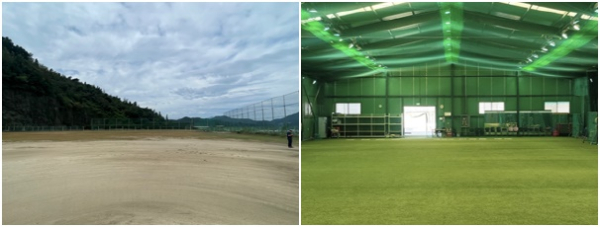 (좌)성운베이스볼파크 야구장(금산군 추부면), (우)구축 예정, 대덕대 실내 야구연습장(이미지 시안)