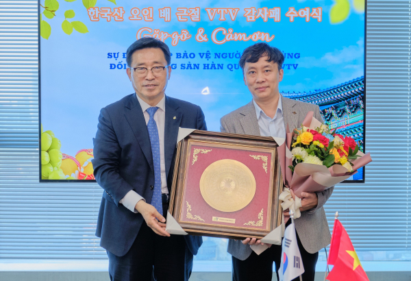 한국산 오인 배 근절 TVT 감사패 수여식 사진* 한국농수산식품유통공사 김춘진 사장(좌측), 딘짠비엣 VTV 사장(우측)