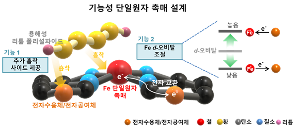 철 원자 주변 전자공여체와 전자수용체 도입을 통한 전자교환현상 유도 전략 모식도