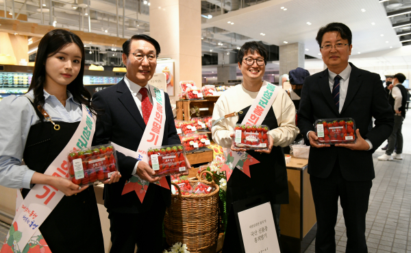 31일 여의도 현대백화점에서 열린 홍의딸기 판촉행사에서 이용록 홍성군수가 직접 홍보 모습