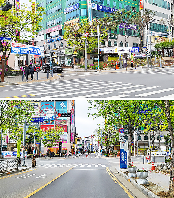 대덕구 송촌동 교차로 정당 현수막 전용 게시대 사용 전·후 모습.