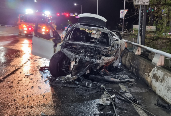 음주운전 차량이 가드레일을 들이받고 전소된 모습.(사진=사고 현장 목격자 제공)
