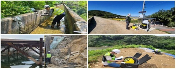 (시계방향) 수로교 초음파 탐상, 저수지 간극수압 측정, 저수지 전기비저항 탐사,저수지 감세공 옹벽 외관조사