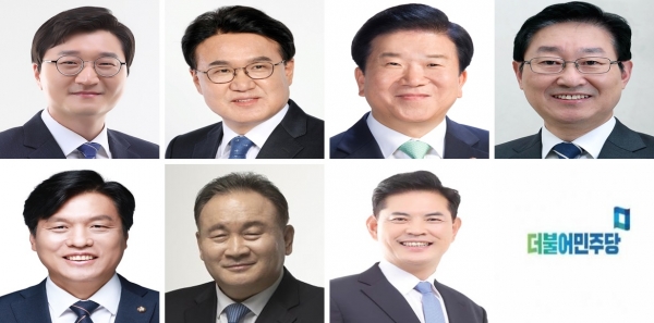 (윗줄 왼쪽부터) 더불어민주당 장철민(동구), 황운하(중구), 박병석(서구갑), 박범계(서구을), 조승래(유성갑), 이상민(유성을), 박영순(대덕구) 당선자