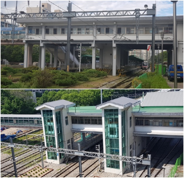 서빙고역 승강장 엘리베이터 설치 전, 설치 후 사진