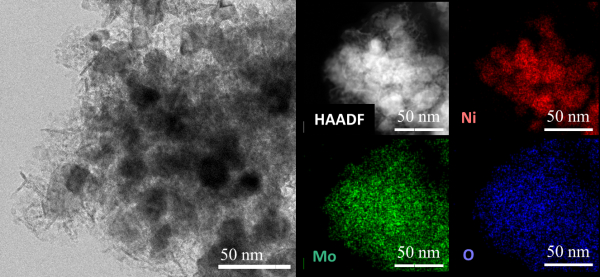 니켈-산화 몰리브데넘 복합체의 투과 현미경 이미지와 조성 분포도