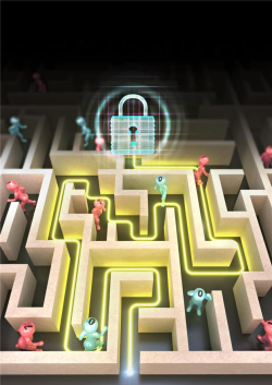 파랑(0), 빨강(1)이 미로를 탐험하며 PUF를 형성하는 과정을 애니메이션으로 형상화한 모식도