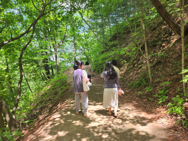 대한민국 해외긴급구호대(KDRT) 사무국인 한국국제협력단(KOICA) 현장 대응인력들이 1일 경북 김천시 증산면 국립김천치유의숲 잣나무숲길에서 맨발걷기 숲트레킹 프로그램을 체험하고 있다.