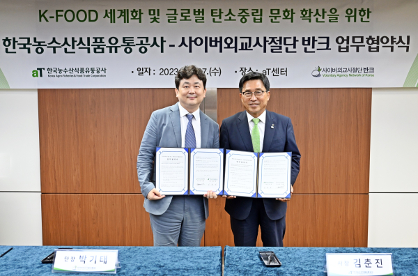 한국농수산식품유통공사-반크(VANK) MOU* 한국농수산식품유통공사 김춘진 사장(우측), 사이버외교사절단 반크 박기태 단장(좌측)