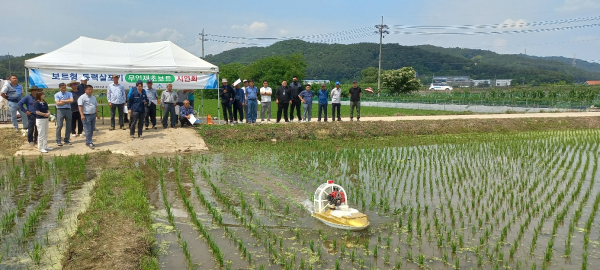 12일 전동면 보덕리에서 무인 보트를 활용한 ‘제초제 살포 시연회’ 모습