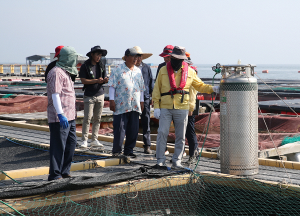 지난 6일 천수만 일대 가두리양식장을 찾아 점검 중인 가세로 태안군수