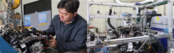 기계연 모빌리티동력연구실 최영 책임연구원이 수소엔진을 점검하는 모습(왼쪽), 수소엔진 시험개발 현장(오른쪽)