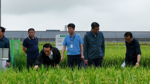 종합평가회에 참석한 백성현 논산시장, 김정필 농업기술센터 소장, 전일률 기술보급과장