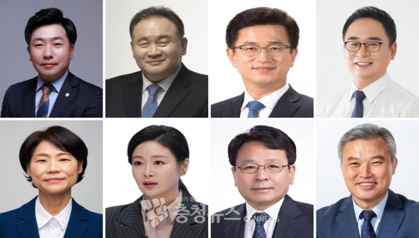 (왼쪽 위부터)국민의힘 박철환 전 대전시 정부수석보좌관, 더불어민주당 이상민 국회의원, 허태정 전 대전시장, 안필용 전 대전시 비서실장, 김종남 전 대전평생교육진흥원장, 이경 상근부대변인, 오광영 전 대전시의원, 정기현 전 대전시의원.