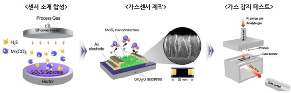 초고감도 가스센서의 소재 합성 및 제작 원리, 성능테스트 모식도