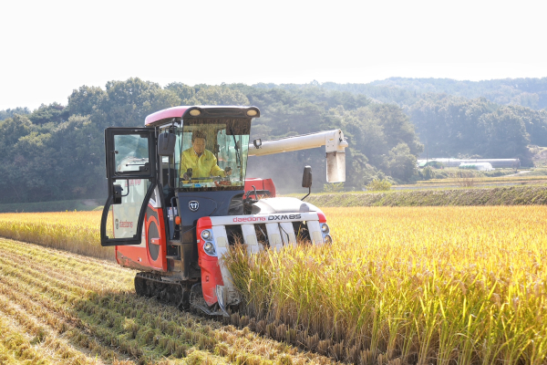 오성환 당진시장, 친환경 삼웅단지 벼 베기 시연 모습