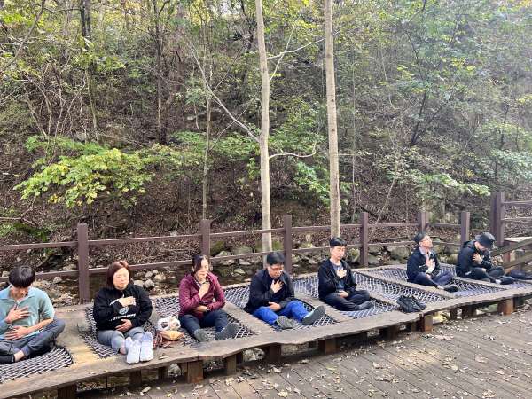 국립산림치유원 음이온치유정원에서 ‘마음보듬 숲 캠프’ 참가자들이 숲명상 활동을 하고 있다.