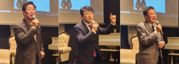 (왼쪽부터)양승조 전 충남지사, 문진석 국회의원, 이규희 전 국회의원이 축사를 하고 있다/사진=박동혁 기자