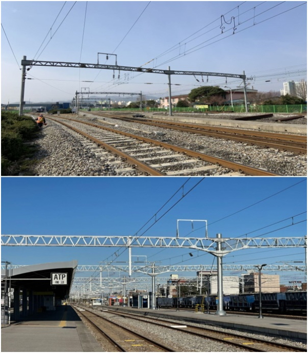 위에서 부터/ 태백선 전철전력설비 개량(타 구간 개량 사례-개량 전),(개량 후) 신규 전철전력설비