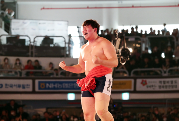 12일 태안종합실내체육관에서 열린 ‘2024 설날장사 씨름대회’에서 백두장사에 등극한 최성민 선수