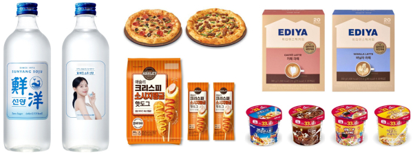 (좌측부터 시계방향) 선양소주 ‘선양’, 맘스피자 ‘콤비네이션피자’, ‘불고기피자’, 이디야 스틱커피 ‘카페 라떼’, ‘바닐라 라떼’, 농심켈로그 ‘컵시리얼’ 4종, 이랜드팜앤푸드 ‘애슐리 크리스피 소시지탱글 핫도그’
