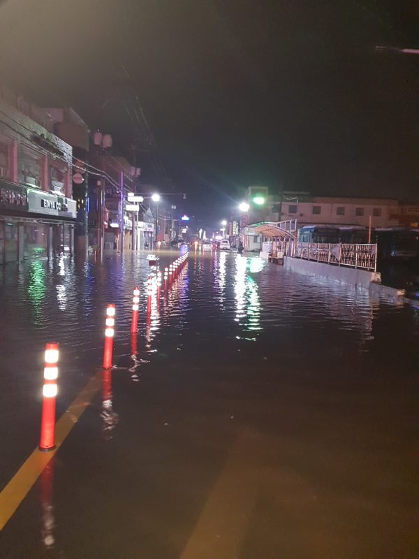 서천읍 삼거리 버스터미널 인근 도로 침수 장면