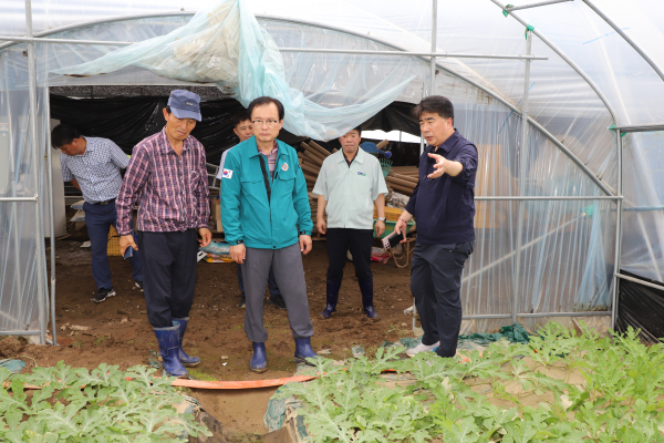 백남성 농협충남세종본부장(오른쪽)과 황인국 정산농협조합장(가운데)이 청양군 장평면 수해피해를 입은 수박재배 농민을 찾아 복구 대책을 논의하고 있다.