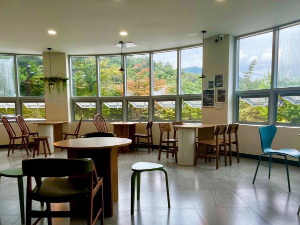 국립산림치유원 옥녀봉 힐링센터(영주시 봉현면 두산리 1373)에 위치한 ‘카페 인더숲’ 내부 모습.